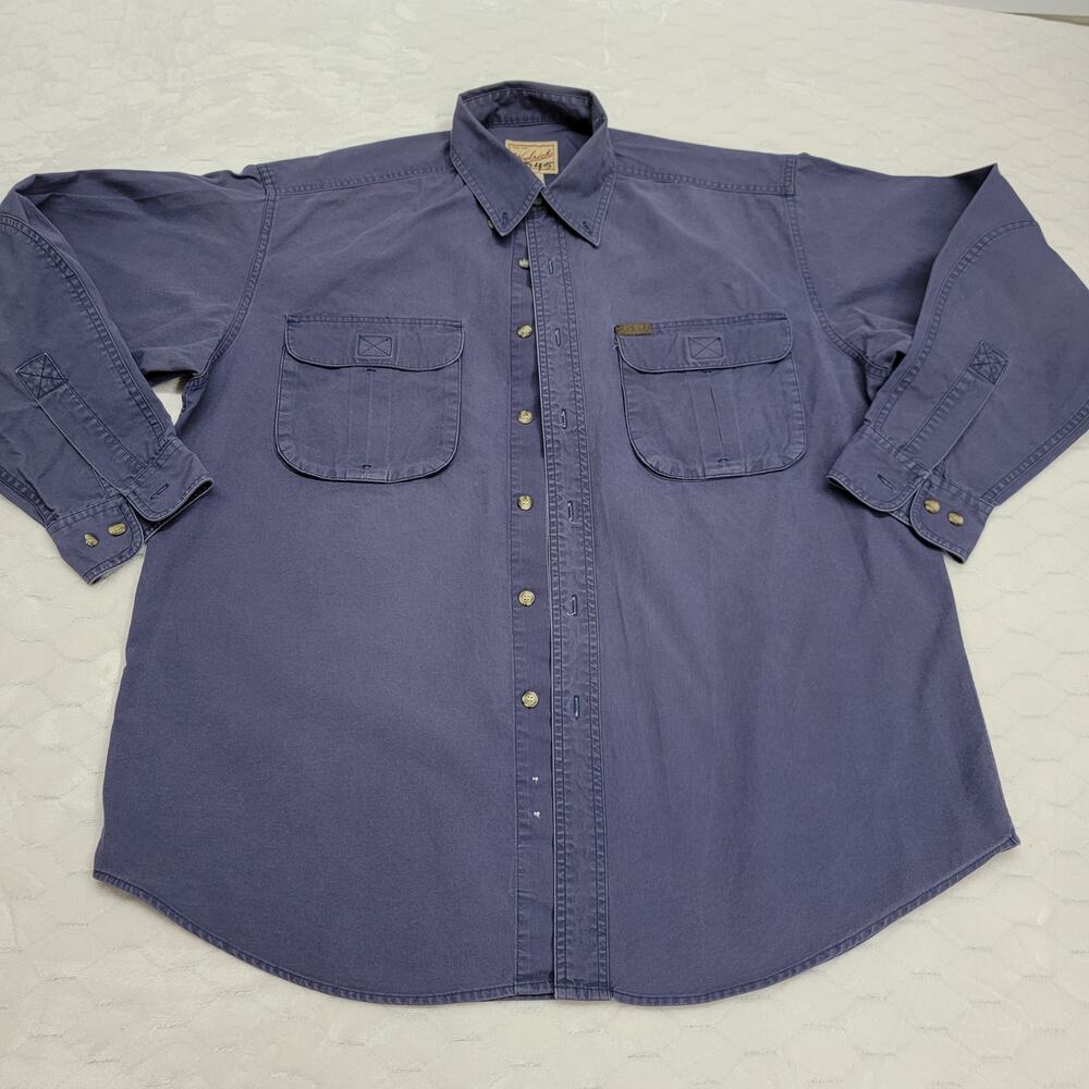 Vintage Woolrich Mens Large Navy Blue Button Up Shirt Long Sleeve 100% Cotton